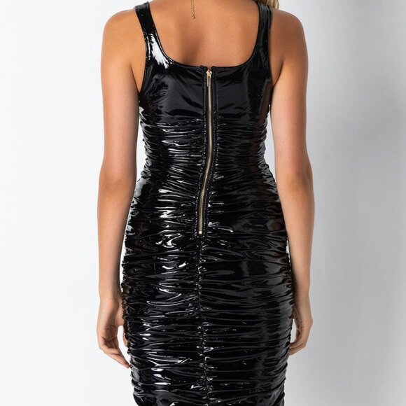Callie Lives Akira Xena Back at Black: Ruched Vinyl Patent Leather Midi Dress S - Picture 12 of 12